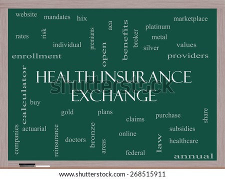 Health Insurance Exchange Word Cloud Concept on a Blackboard with great terms such as silver, plans, levels, subsidies and more.