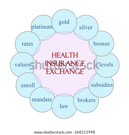Health Insurance Exchange concept circular diagram in pink and blue with great terms such as levels, mandate, brokers and more.