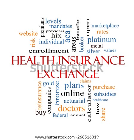 Health Insurance Exchange Word Cloud Concept with great terms such as silver, plans, levels, subsidies and more.