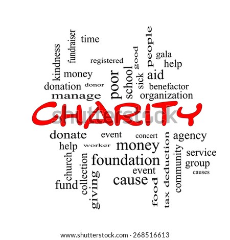 Charity Word Cloud Concept red caps with great terms such as donate, time, money, food and more.