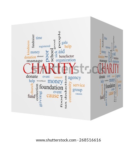 Charity 3D cube Word Cloud Concept with great terms such as donate, time, money, food and more.