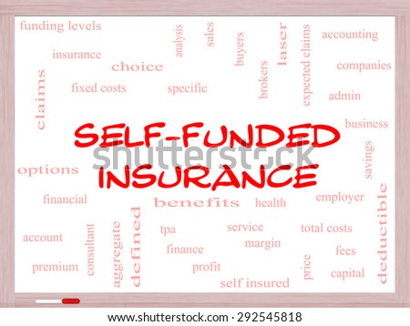Self Funded Insurance Word Cloud on a Whiteboard with great terms such as admin, fees, specific, aggregate, claims and more.