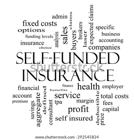 Self Funded Insurance Word Cloud in black and with with great terms such as admin, fees, specific, aggregate, claims and more.