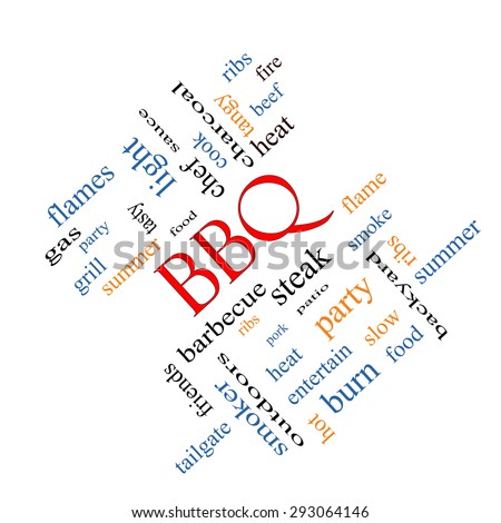 BBQ Word Cloud angled with great terms such as grill, ribs, steak, fire and more.