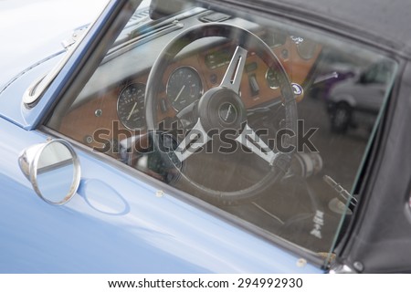 IOLA, WI - JULY 12:  Interior of Blue Triumph Spitfire 1500 Car at Iola 42nd Annual Car Show July 12, 2014 in Iola, Wisconsin.