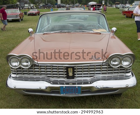 IOLA, WI - JULY 12:  Front of 1959 Plymouth Sport Fury Car at Iola 42nd Annual Car Show July 12, 2014 in Iola, Wisconsin.