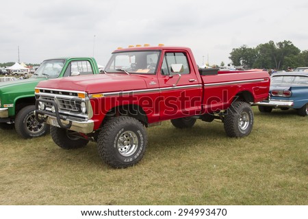 IOLA, WI - JULY 12:  1977 Red Ford F150 Pickup Truck at Iola 42nd Annual Car Show July 12, 2014 in Iola, Wisconsin.
