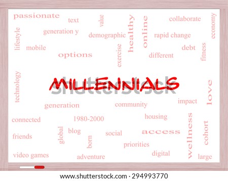 Millennials  Word Cloud Concept on a Whiteboard with great terms such as generation, health, fitness, technology and more.