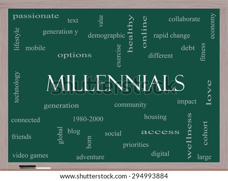 Millennials  Word Cloud Concept on a Blackboard with great terms such as generation, health, fitness, technology and more.