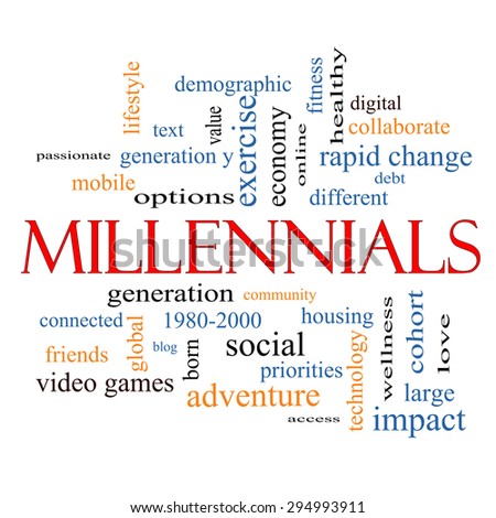 Millennials  Word Cloud Concept with great terms such as generation, health, fitness, technology and more.