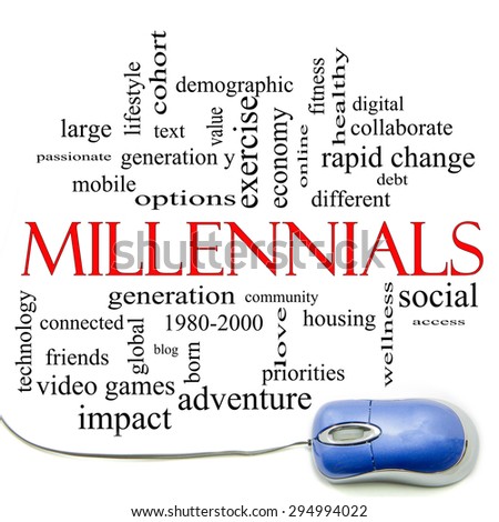 Millennials  Word Cloud Concept with a mouse and great terms such as generation, health, fitness, technology and more.