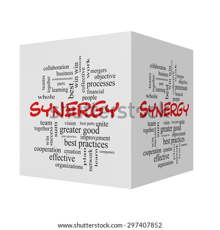Synergy 3D Word Cloud Concept in red caps with great terms such as team, win, together and more.