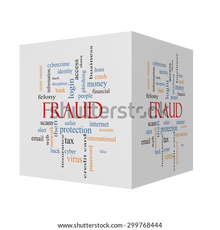 Fraud 3D cube Word Cloud Concept with great terms such as alert, identity, theft and more.