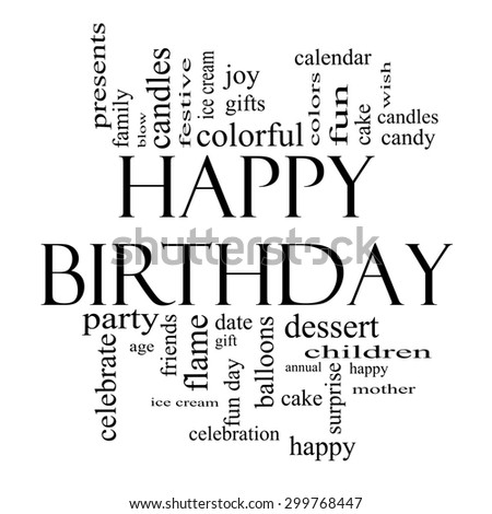 Happy Birthday Word Cloud Concept in black and white with great terms such as presents, cake, ice cream, gifts and more.