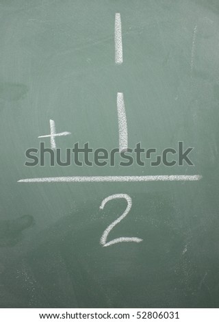 One plus one equals two math problem on a blackboard.