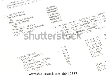 A lab result sheet showing pending lipid levels and a completed liver profile.