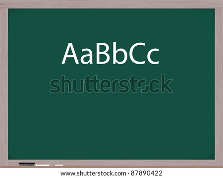 ABC\'s in upper and lower case letters written on a blackboard with white chalk and an eraser in the corner.