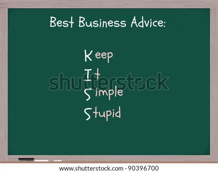 A chalkboard with the words Best Business Advice KISS acronym Keep It Simple Stupid.