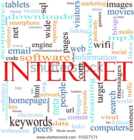 An illustration around the word internet with lots of different terms such as website, email, web, browser, pages, engine, computers and a lot more.