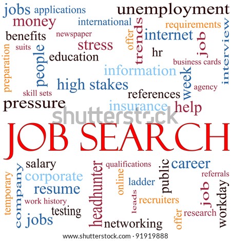 An illustration around the words Job Search with lots of different terms such as unemployment, headhunter, networking, job and a lot more.