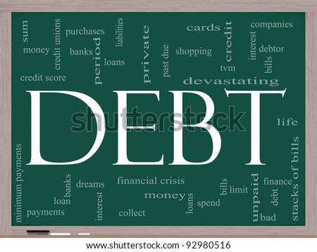 Debt Word Cloud Concept on a Chalkboard with great terms such as sum, money, financial, crisis, bills, limit, past due and more.
