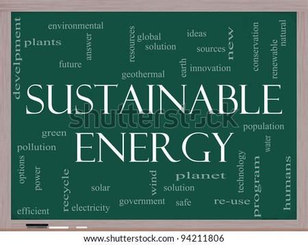 A Sustainable Energy word cloud concept on a blackboard with terms such as green, solution, solar, earth, planet, recycle and more.
