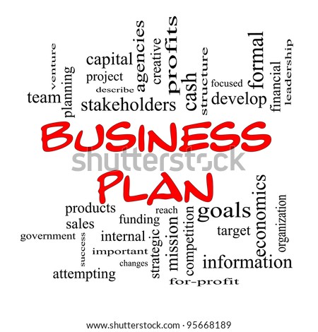 Business Plan Word Cloud Concept in red caps with great terms such as profits, project, develop, goals, information, mission, venture and more.