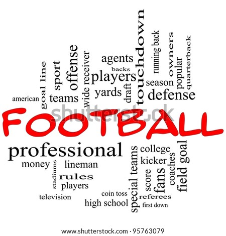 Football Word Cloud Concept in red caps with great terms such as yards, touchdown, season, quarterback, fans, games, draft and more.