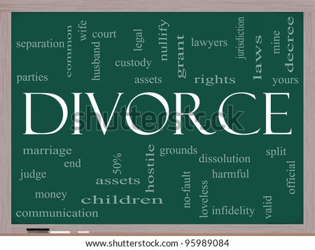 Divorce Word Cloud Concept on a Chalkboard with great terms such as marriage, end, laws, infidelity, split, children, and more.