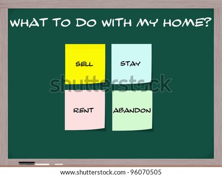 A blackboard with the question What to do with my home and possible answers of sell, stay, rent, abandon written on sticky notes making a great concept in a tough economy.