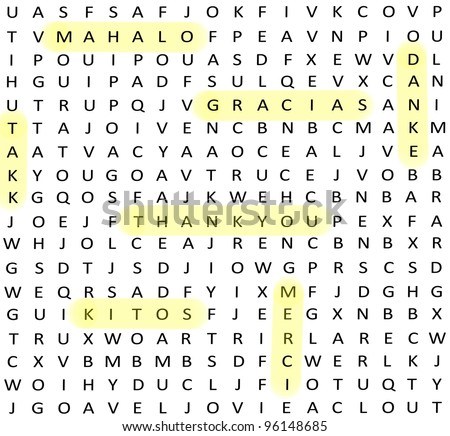 A word find search thank you related terms in different languages such as mahalo, gracias, danke, kitos, merci and takk.