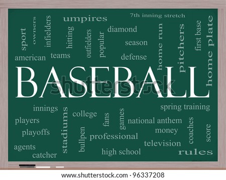 Baseball Word Cloud Concept on a Chalkboard with great terms such as innings, home run, pitchers, home plate, games and more.