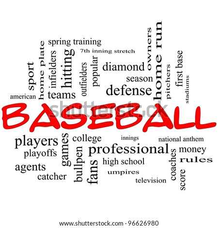 Baseball Word Cloud Concept in red caps with great terms such as playoffs, innings, home run, pitchers, home plate, games and more.
