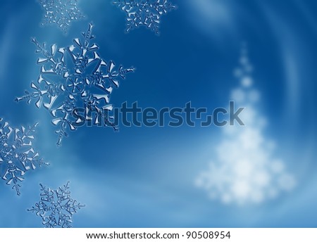 Beautiful dark blue Christmas (New Year) background. Snowflakes drawn like natural water crystals and Christmas tree.