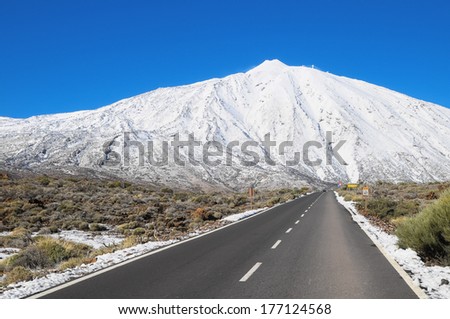 Snow Desert Lonely Road Landscape in Volcan Teide National Park, Tenerife, Canary Island, Spain