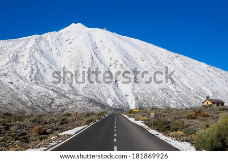 Snow Desert Lonely Road Landscape in Volcan Teide National Park, Tenerife, Canary Island, Spain