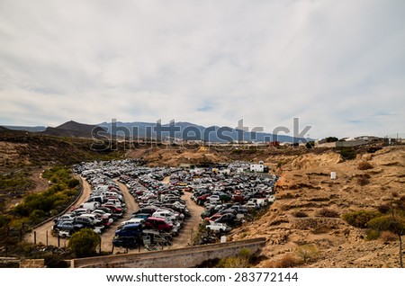 Scrap Yard With Pile Of Crushed Cars in tenerife canary islands spain