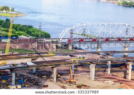 Krasnoyarsk Siberia Russia : Construction of the bridge  river Yenisei
