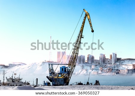 Crane on the river Yenisei River Siberian winter