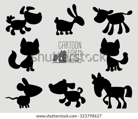 Collection silhouette cartoon farm animals: dog, cat, horse, rabbit, calf and mouse.