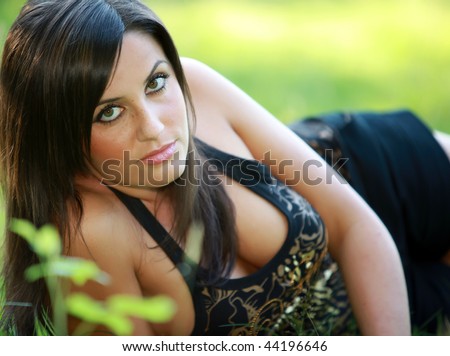 stock photo Busty cleavage young female girl or woman in spring on or in 