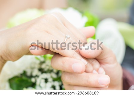 soft focus of The groom wears a wedding ring on the bride\'s hands. The most important of them.