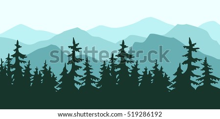 Nature vector background, landscape with mountains and pine forest. Panorama of mountains, valley with trees.