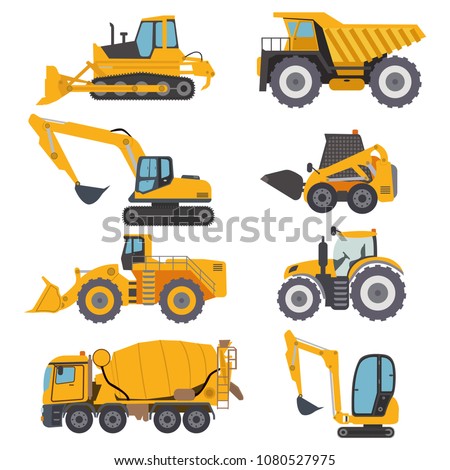 Construction machinery vehicle industry truck equipment heavy machine concrete mixer, loader and crawler crane vector illustration. Industrial building construction machinery tractor yellow truck.