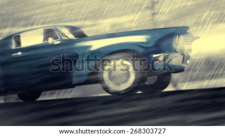 Blue car speed in rain. Crash to glass. Dramatic noir situation.