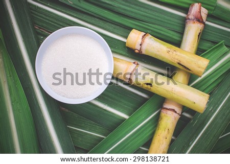 Sugar in a bowl and sugar cane on the leaves