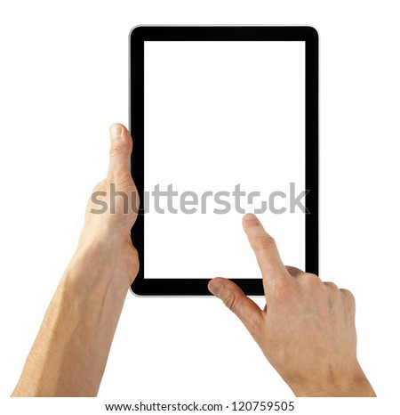 tablet computer isolated in a hand like ipades on the white backgrounds.