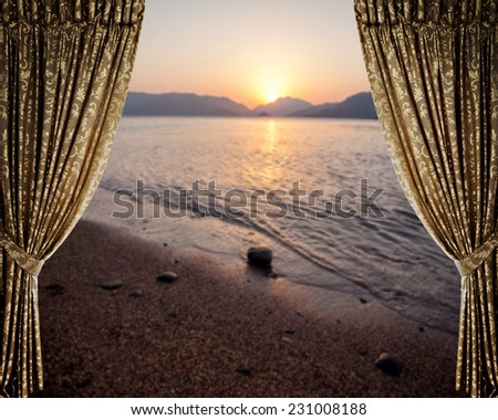 Open curtains on the sea background of theater with bricks