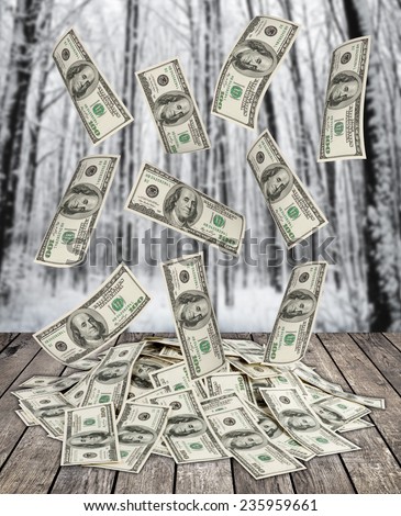 big pile of money. dollars over winter background
