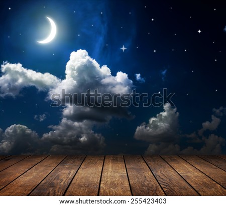 backgrounds night sky with stars and moon and clouds. wood